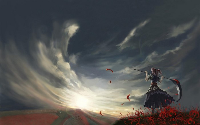 Onozuka Komachi from Touhou holding a scythe in a field