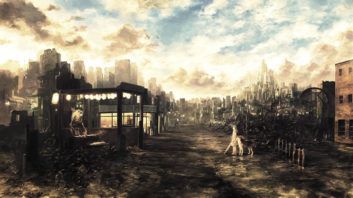 Apocalyptic city with a girl and dog