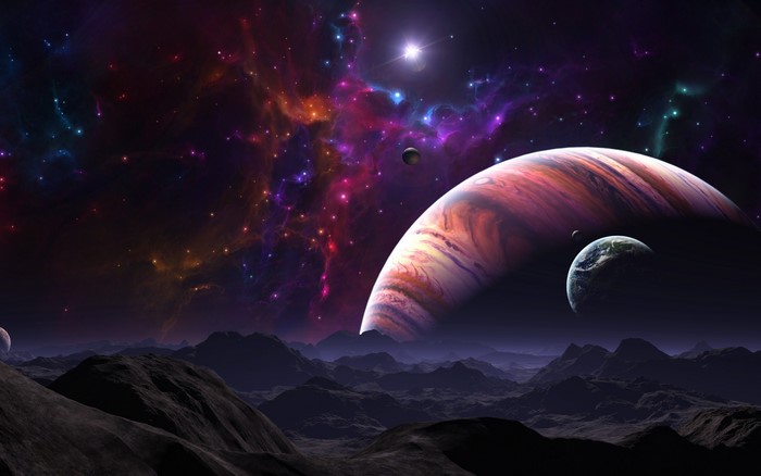 Alien planet landscape with gas giant and Earth-like moon