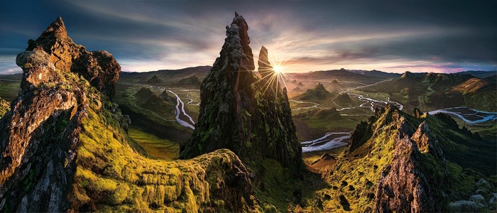 HDR landscape of mountains and rivers at sunset
