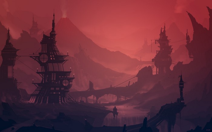 Steampunk industrial landscape with volcanoes