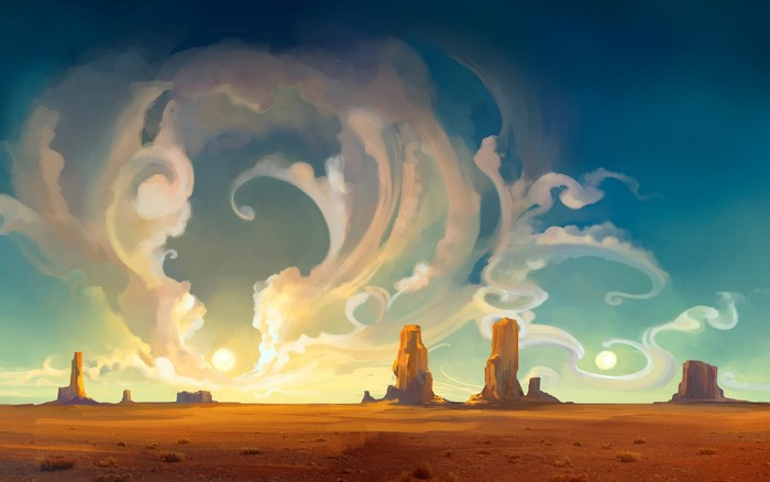 Digital art of a desert landscape with dramatic clouds