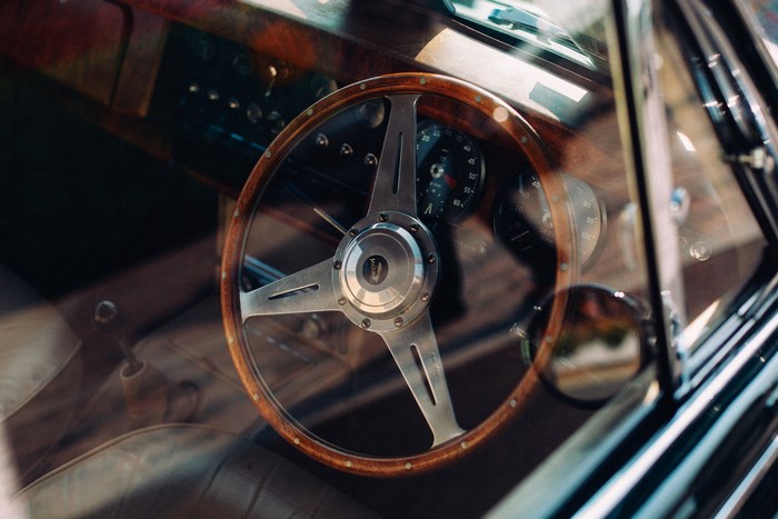 Jaguar classic car steering wheel and dashboard interior