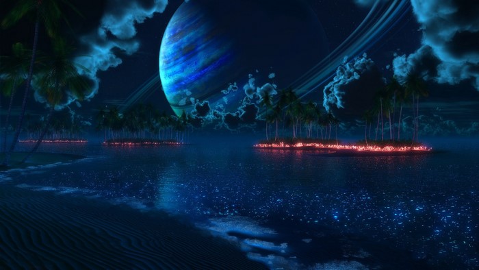 Alien planet with rings and tropical islands at night