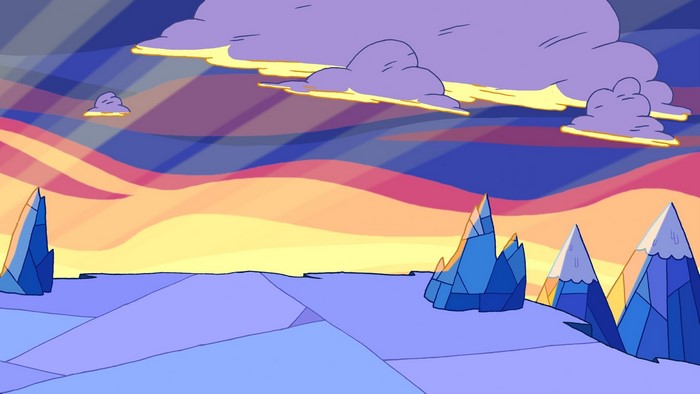 Adventure Time landscape with ice mountains and colorful sky