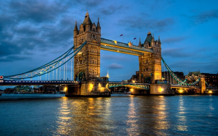 Tower Bridge at dusk over the River Thames, London