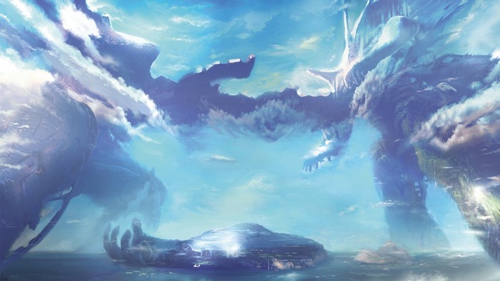 Xenoblade Chronicles landscape with colossal structures in the sky