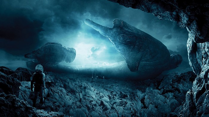 Spaceships and astronaut on alien planet from Prometheus