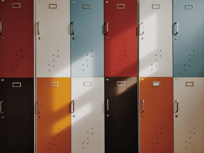 Colorful Vintage Lockers with Sunlight Shadows