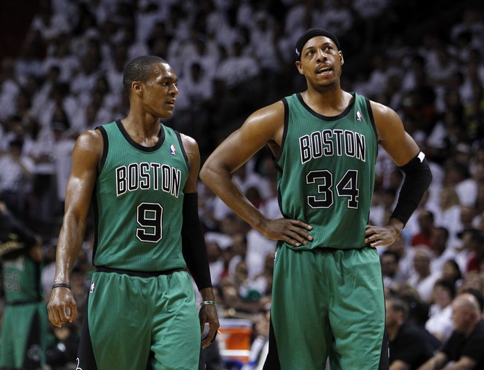 Rajon Rondo and Paul Pierce of the Boston Celtics