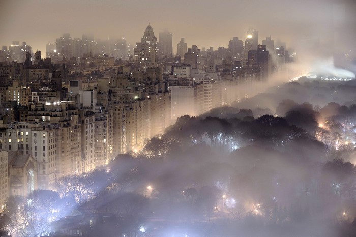 Foggy New York City Skyline at Night