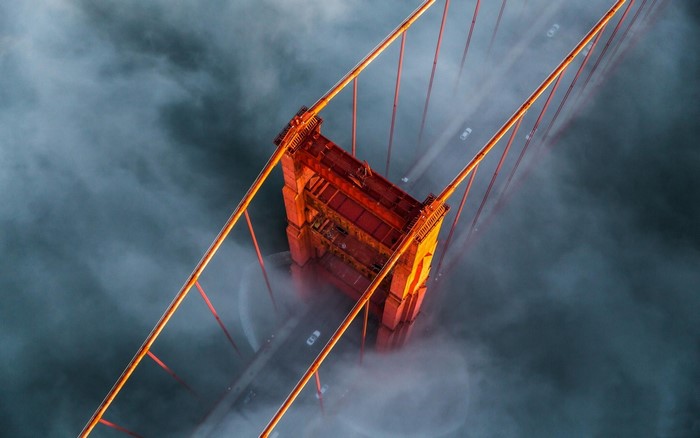 Golden Gate Bridge in morning mist aerial view