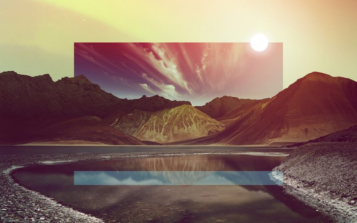 Surreal mountain landscape with sun and reflection