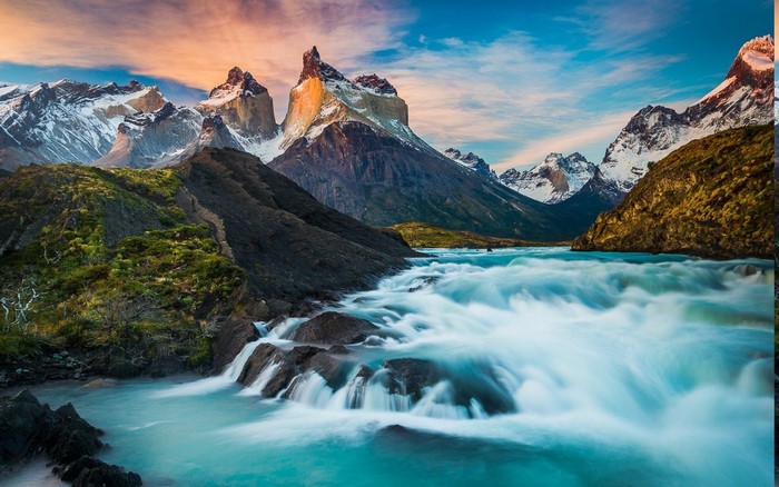 Torres del Paine National Park waterfall at sunrise
