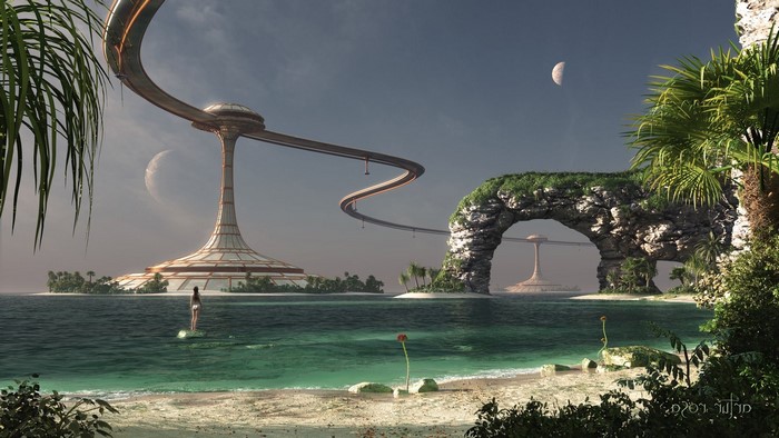 Futuristic island with a woman on a surfboard