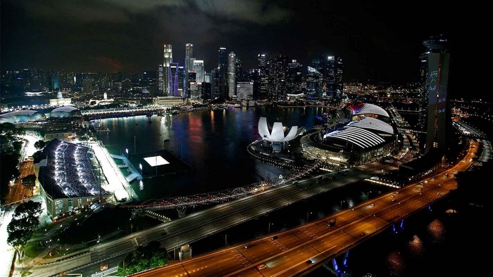 Singapore cityscape at night with Formula 1 race track