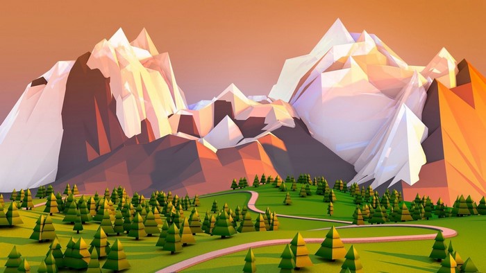 Low poly mountains and forest landscape