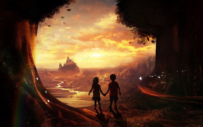 Children holding hands looking at a fantasy landscape with a castle