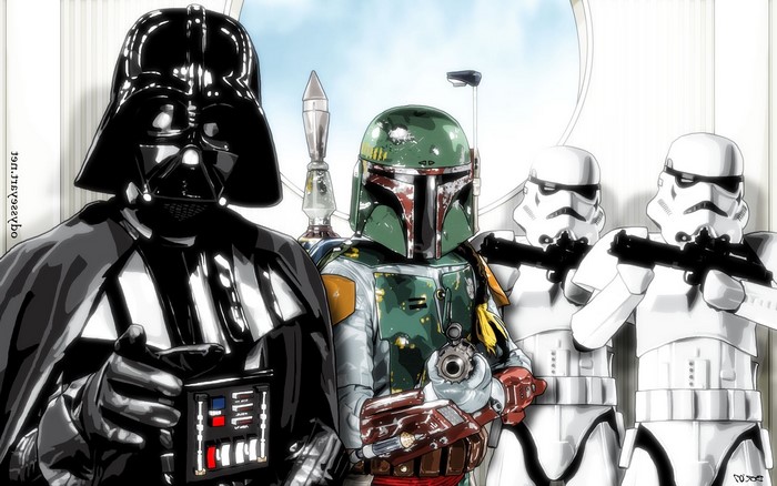 Darth Vader, Boba Fett, and Stormtroopers from Star Wars