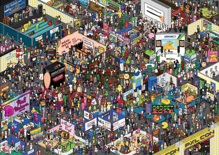 Pixel art convention with cosplay and game booths