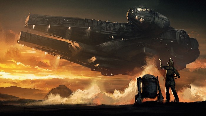 Millennium Falcon with R2-D2 and a Mandalorian