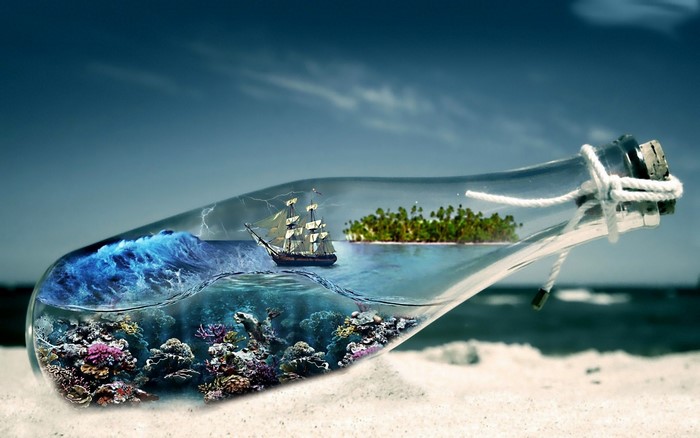 Abstract Sea Sailing Ship Inside a Glass Bottle
