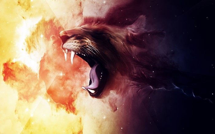 Abstract artwork of a roaring lion in space