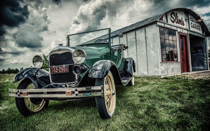 Green Ford Model A Roadster at Slim's Garage