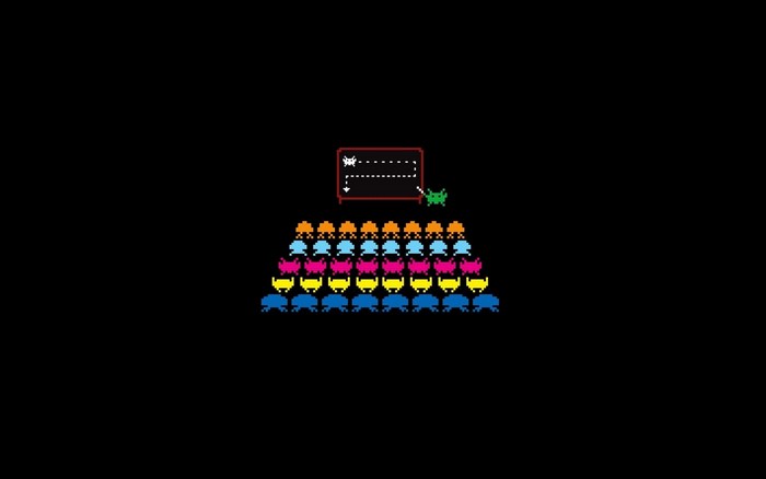 Space Invaders characters in a classroom setting