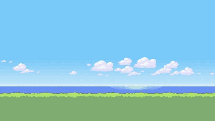 Pixel art landscape with ocean and clouds