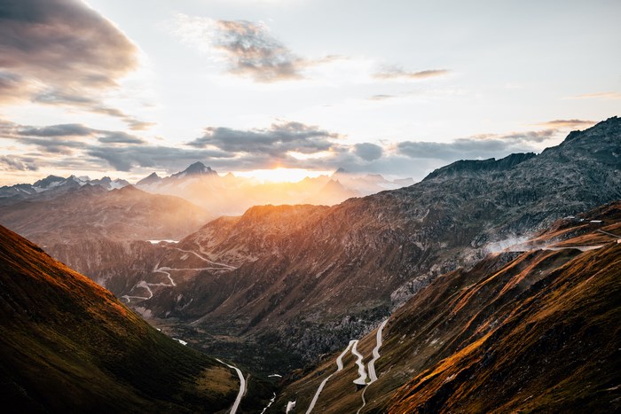 Mountain road in Switzerland during sunset