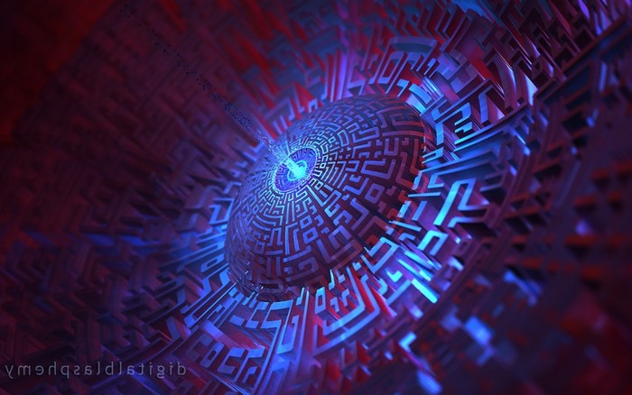 Abstract digital maze with blue and red lights