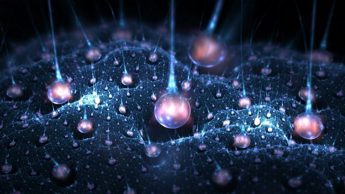 Abstract fractal pattern with glowing spheres and light beams