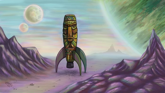 Tiki rocket on an alien planet with moons