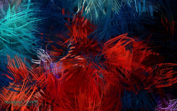 Abstract painting with red, blue, and teal brushstrokes