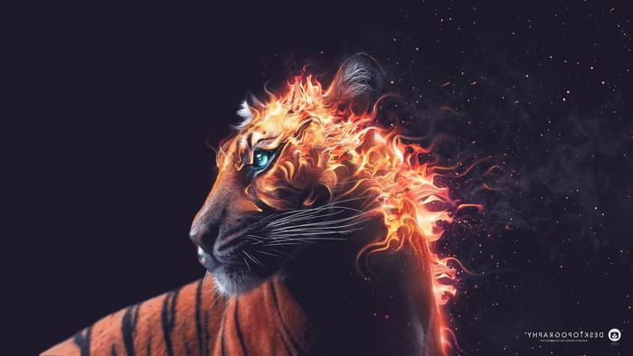 Tiger with fiery mane and glowing eyes