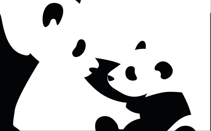 Minimalist black and white illustration of two pandas