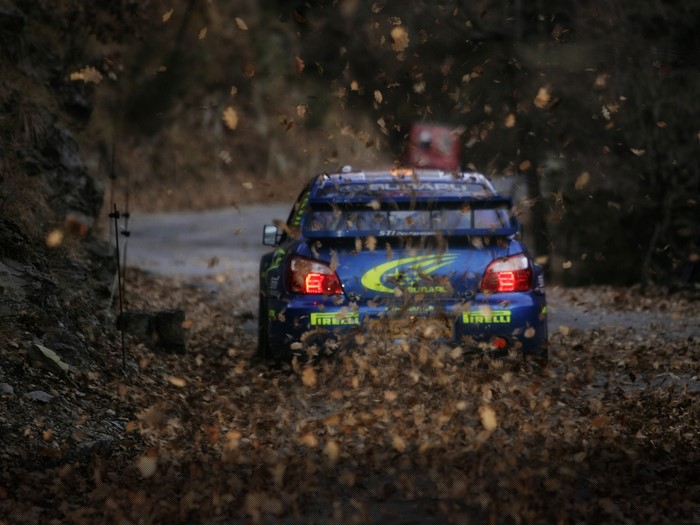 Blue Subaru Impreza rally car driving on a leaf-covered road
