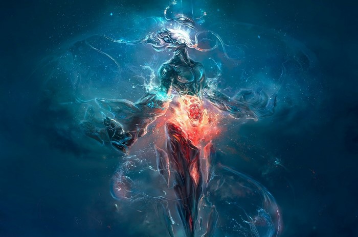 Fantasy alien being with glowing core in cosmic background