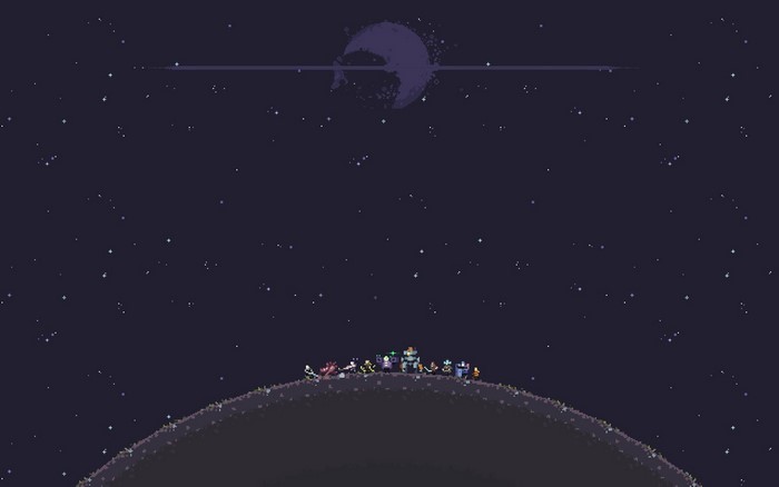 Risk of Rain characters on a planet under a starry sky