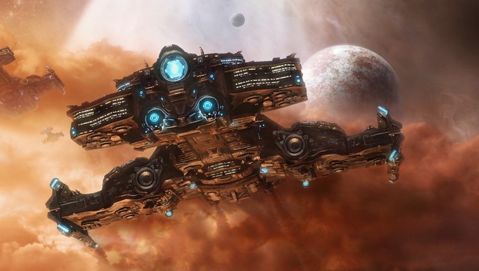 StarCraft II Protoss Carrier spaceship in space