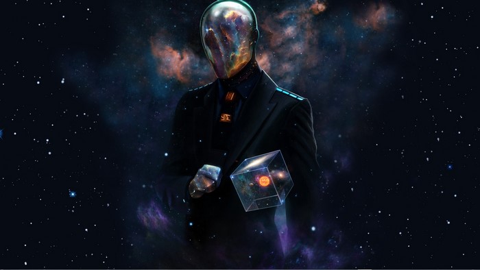 Man with galaxy head holding a cube of space