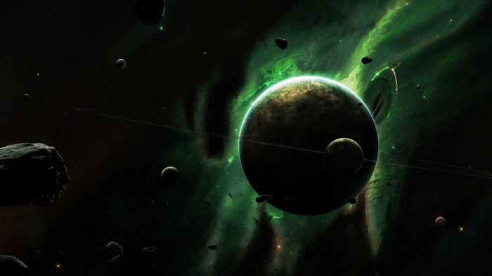 Dark planet with green nebula in space