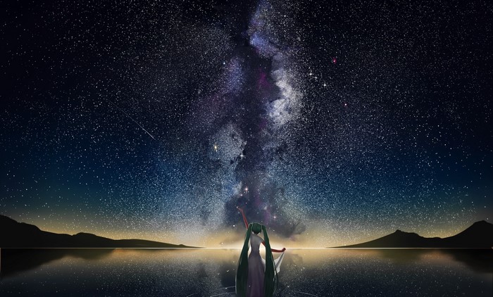 Hatsune Miku in a boat under the starry sky