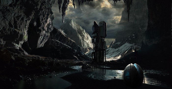 Sci-fi tower in a rocky, mountainous cave landscape