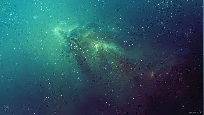 Green nebula in outer space with stars