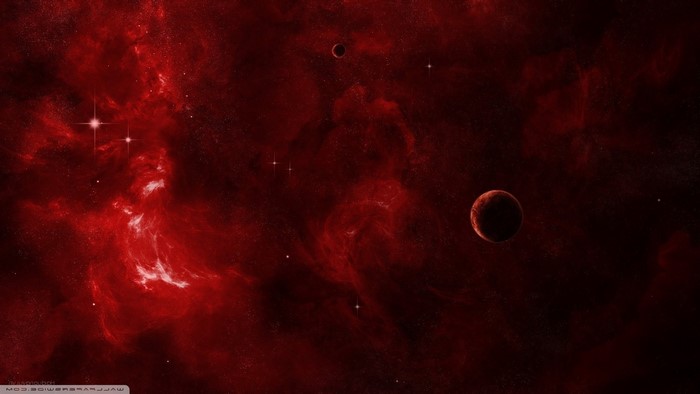 Red Nebula with Planets in Space