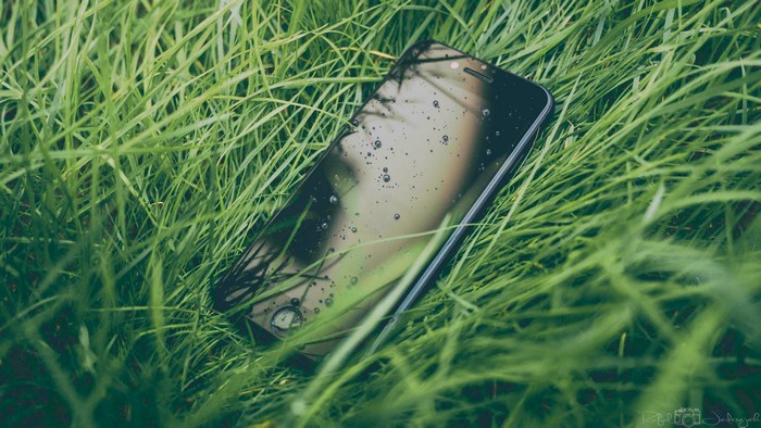 iPhone with water droplets on screen in grass