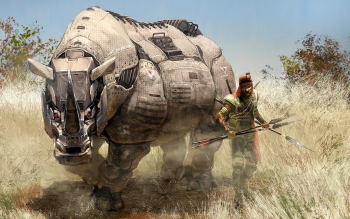 Mechanical rhino with a warrior in a dry field