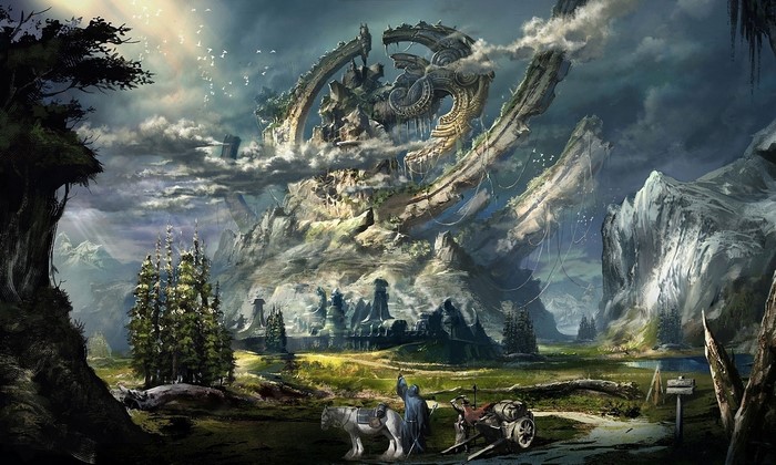 Fantasy landscape with ancient ruins and a traveler